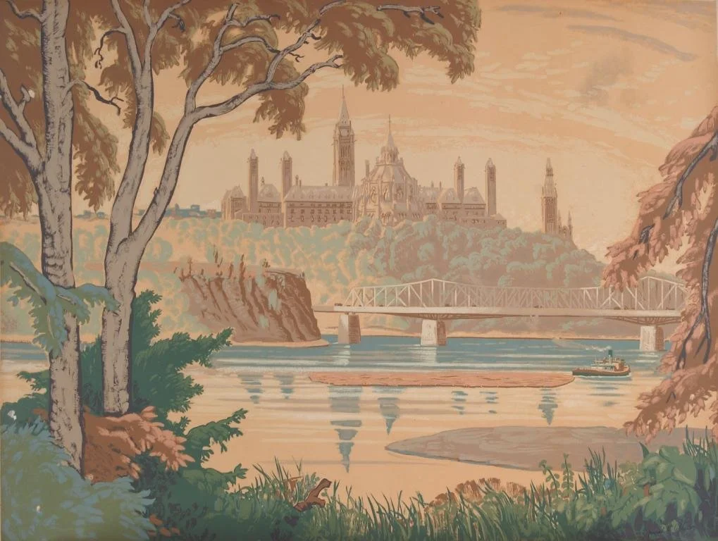 Painting of a river with a bridge, trees on the riverbank, and a large castle-like building in the background at sunset.