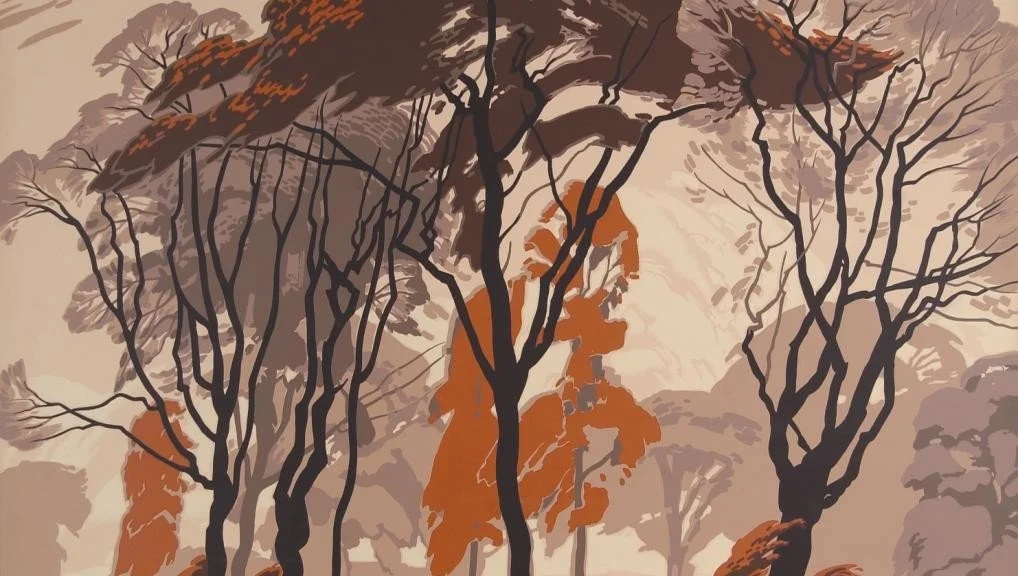 Illustration of trees with bare branches and some orange leaves, set in a landscape with a light brown sky in the background.