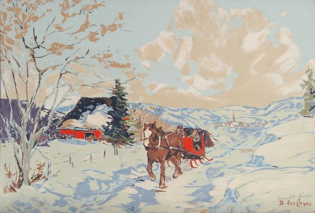 A winter scene with a horse-drawn sleigh on a snow-covered landscape. Trees, a house, and distant buildings with steeples are visible under a partly cloudy sky.