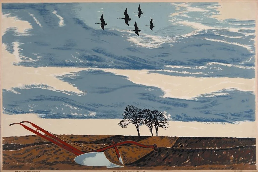 Painting of a landscape with a cloudy sky, flying birds, a few trees, and a plow in the foreground.