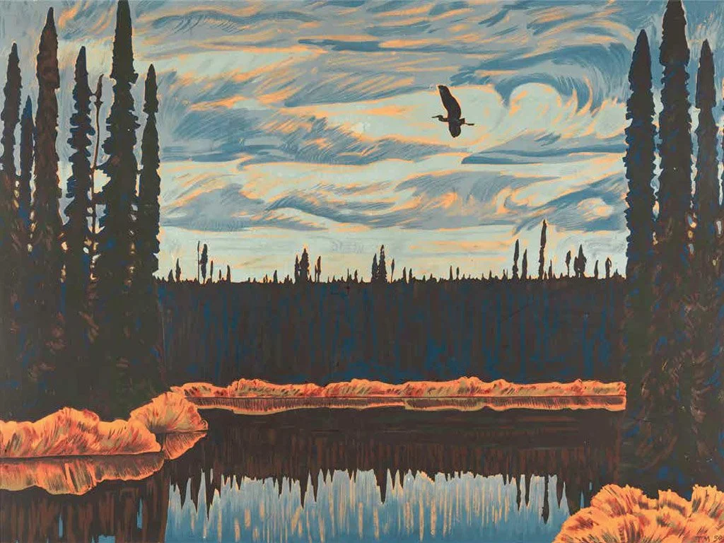 A scenic painting of a river with trees on both sides, a bird flying in the sky, and a sunset with swirling clouds.