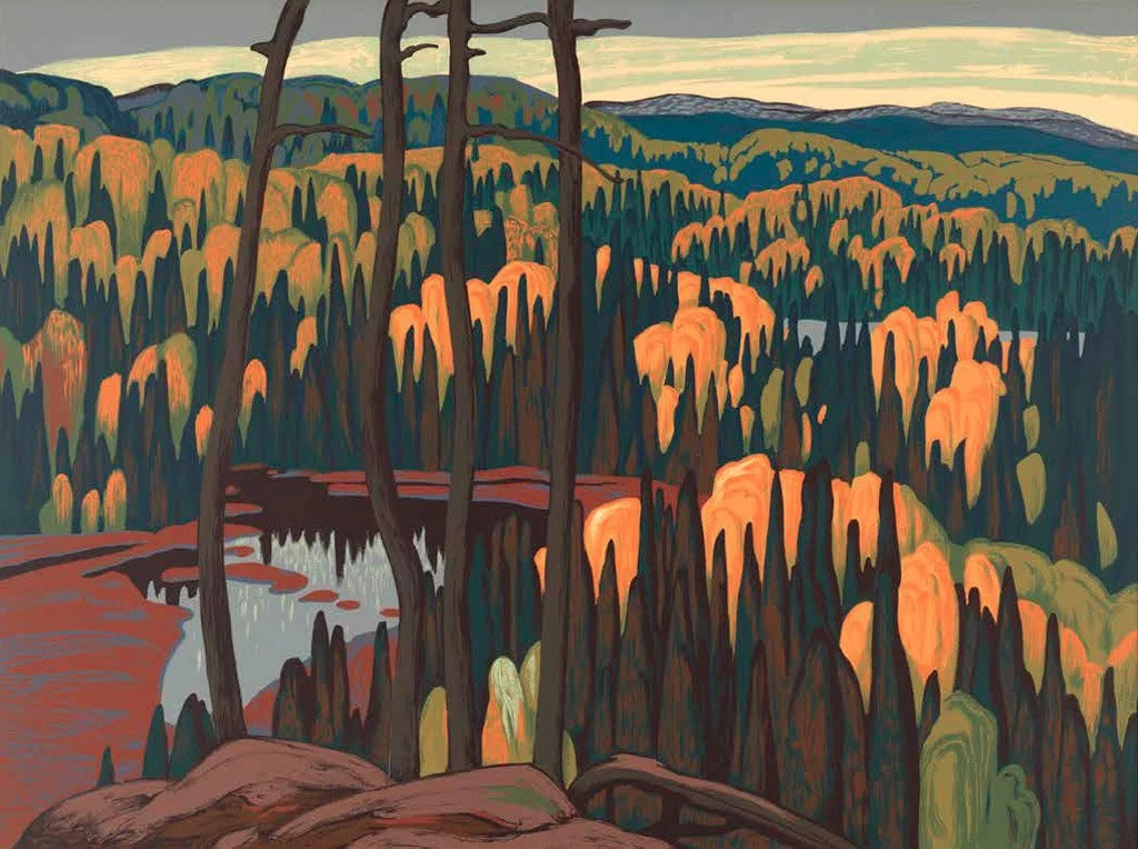 Painting of a forest landscape with tall trees, a river or stream, and distant rolling hills under a sky with soft, light clouds.