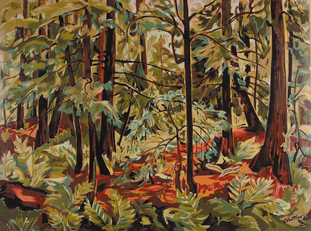 Colorful painting of a dense forest with tall trees, lush green foliage, and a sunlit forest floor filled with ferns and fallen leaves.