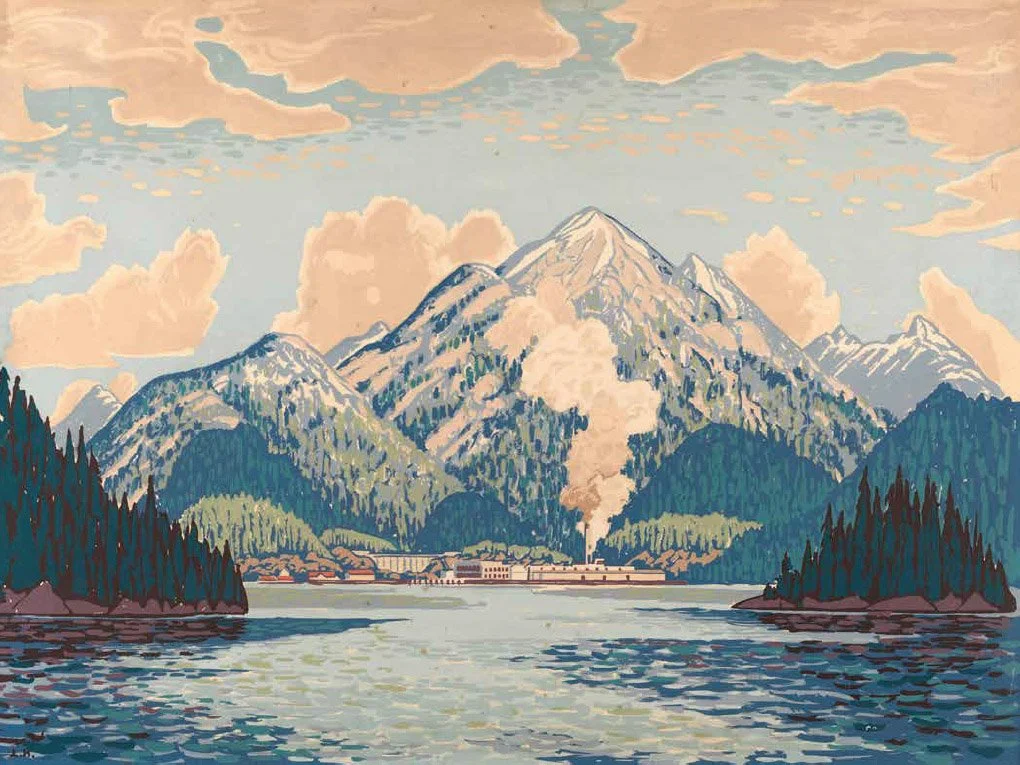 Painting of a mountain landscape with snow-capped peaks, a body of water in the foreground, and a factory emitting smoke at the base of the mountains.