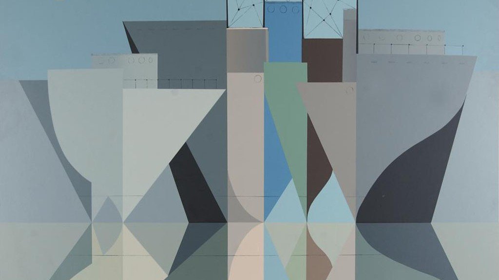Abstract geometric painting of a cityscape with buildings reflected on water, using pastel and muted tones.