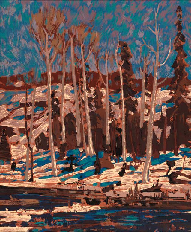 A painting of a winter landscape with tall, leafless trees, snow on the ground, and a body of water in the foreground, using bold brush strokes and earthy tones.