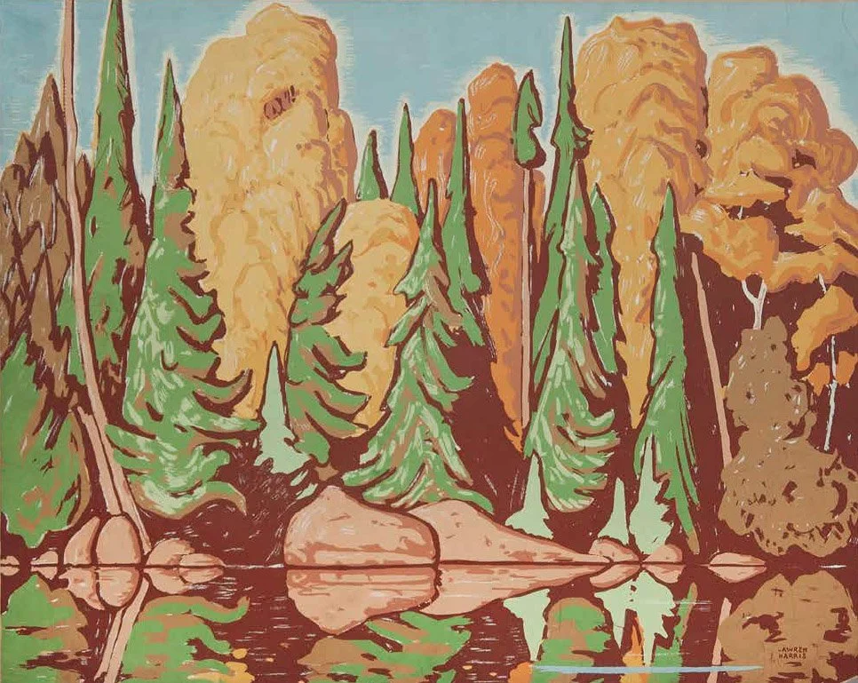 Painting of a forest landscape with tall trees reflected in a calm lake, signed by the artist in the bottom right corner.