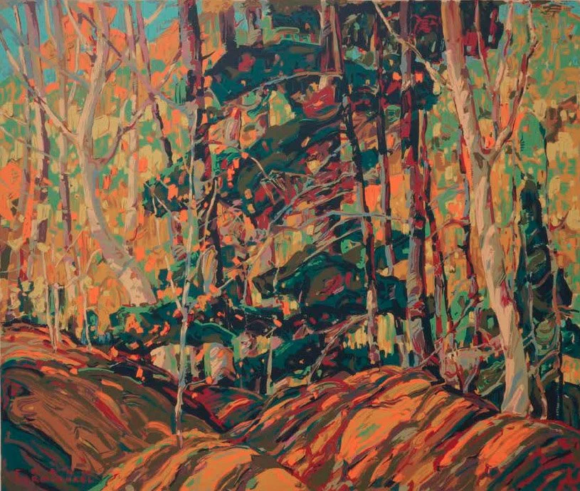 An abstract painting of a forest scene with trees and rocks, using vibrant colors and bold brushstrokes.
