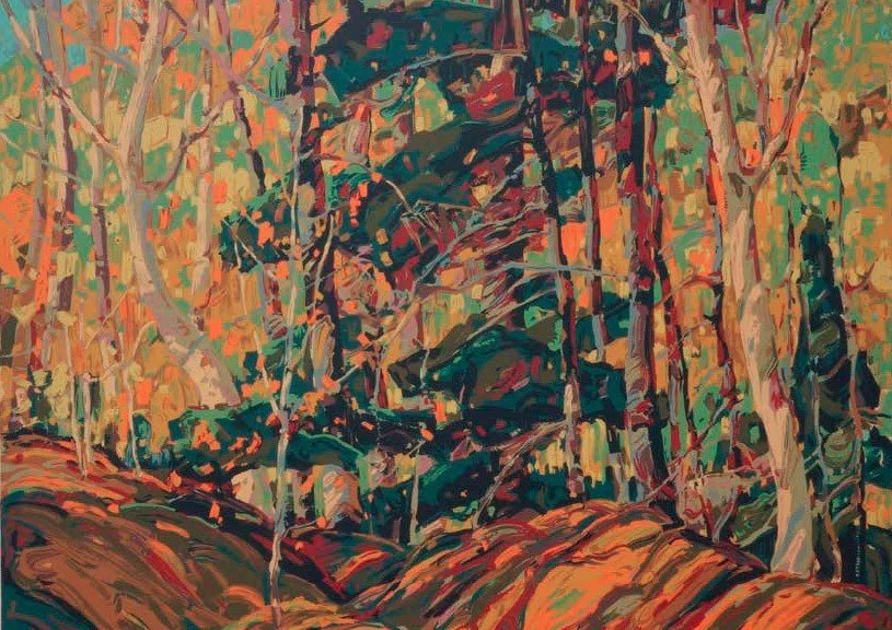 An abstract painting of a forest scene with trees and rocks, using vibrant colors and bold brushstrokes.