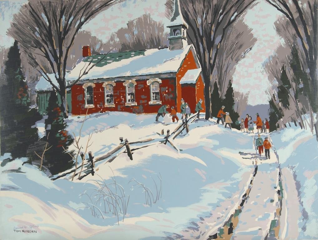 Painting of a snow-covered landscape with a red brick house, tall leafless trees, and several people walking and playing in the snow.
