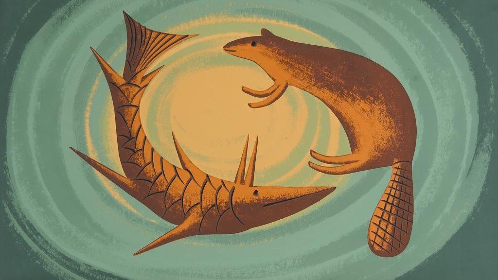 An illustration of a piranha chasing a crocodile in water.
