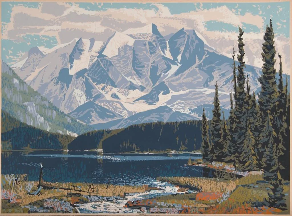 A painting of a mountain landscape with snow-capped peaks, a lake, and evergreen trees.
