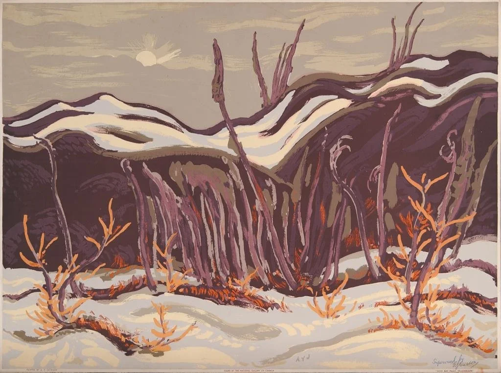A winter landscape painting showing snow-covered ground, leafless trees, and mountains in the background under a cloudy sky with the sun shining.