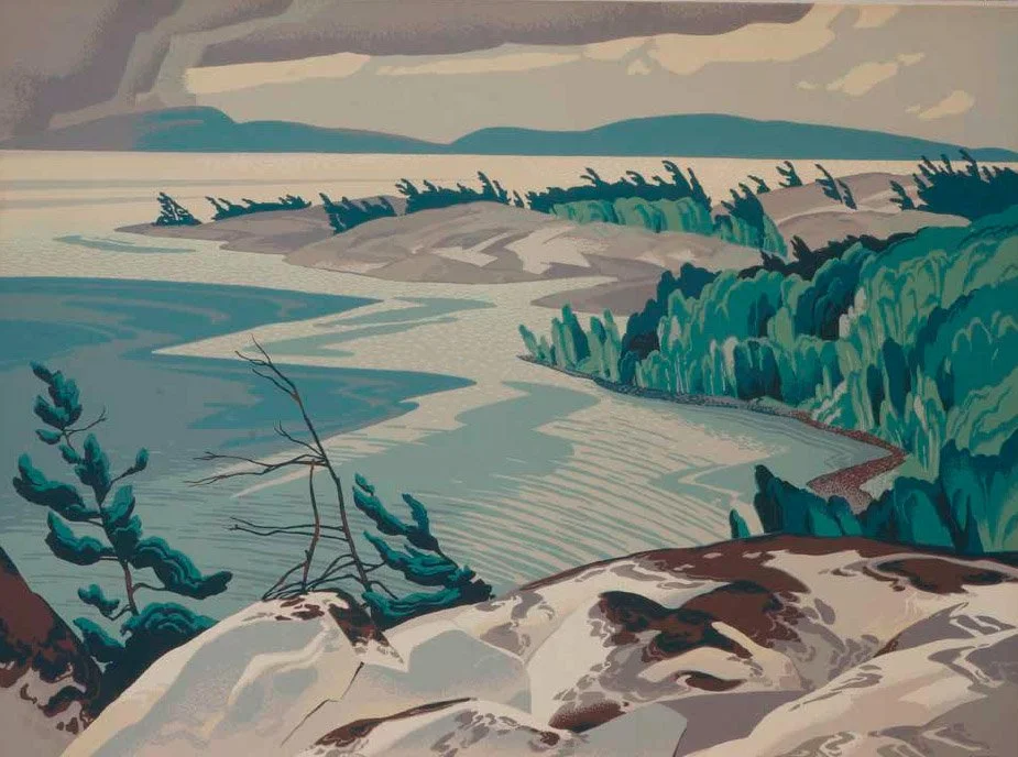 A stylized illustration of a river flowing through a mountainous landscape with trees and hills in the background.