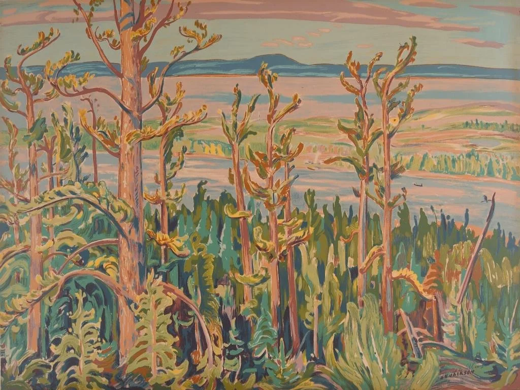 A landscape painting of a forest with a body of water in the background, featuring tall trees with twisted branches and lush green foliage, in an impressionistic style with pastel colors.