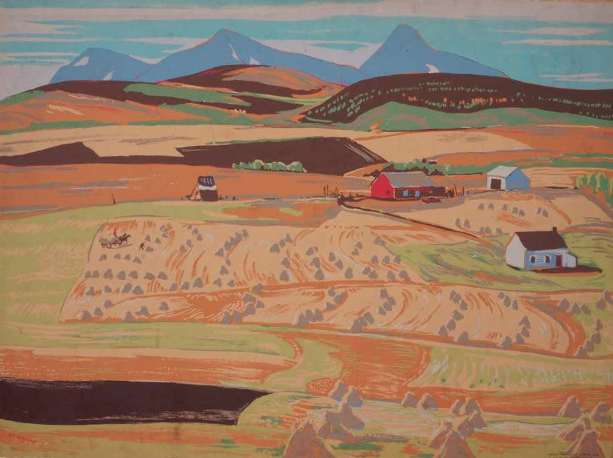 Painted landscape of rolling hills, farmland, small houses, and mountains in the distance.