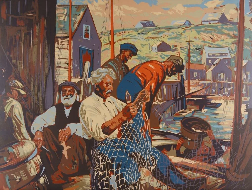 Four men working together on a fishing boat, with a background of houses and a hilly landscape