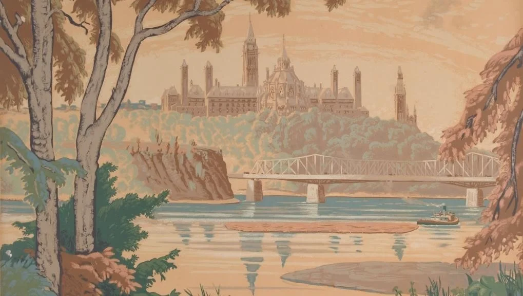 A scenic painting of a river with a bridge, trees along the shore, and a castle atop a hill in the background, with soft, pastel colors.