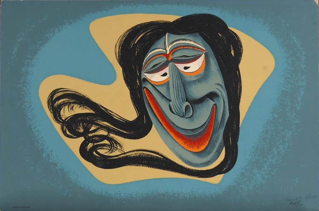 Abstract painting of a smiling face with exaggerated features, dark hair, and a blue and yellow background.