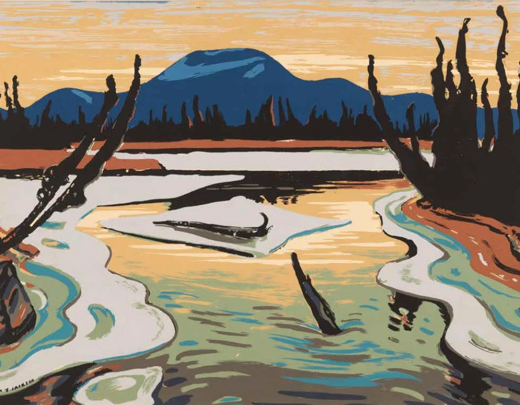 A stylized landscape painting depicting a river with fallen trees, a mountain in the background, and a sunset sky.