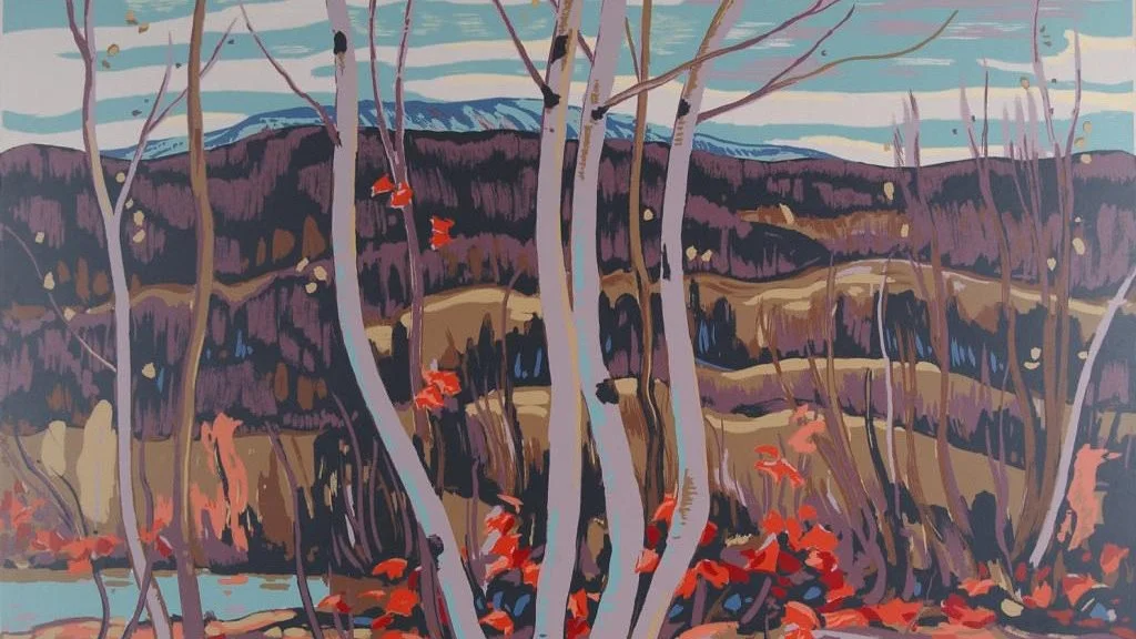 Painted landscape of a forest with leafless trees and red foliage, overlooking a river and distant mountains under a cloudy sky.