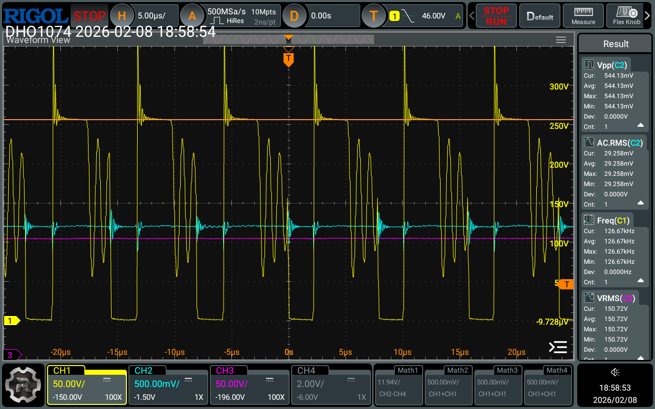 Oscilloscope display showing multiple waveforms in yellow, blue, and purple on a black background with grid lines. The screen displays measurements and settings including voltage, frequency, and timestamp, with controls for adjusting the view and measurement options.