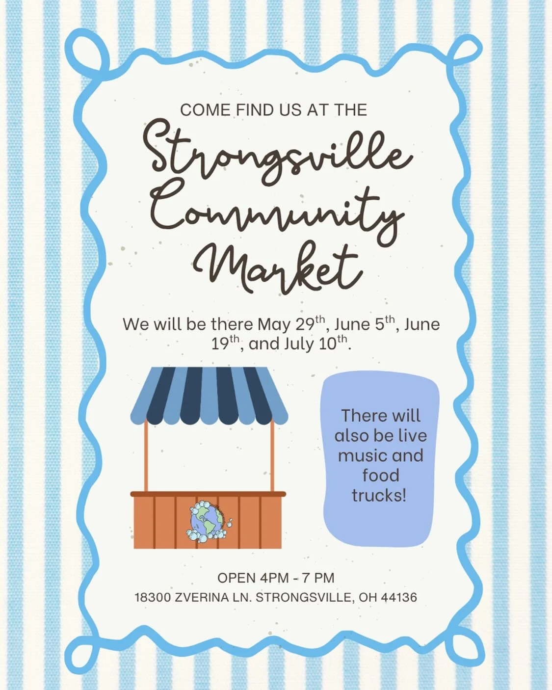 Come find us at the Strongsville Community Market. We will be there May 29th, June 5th, June 19th, and July 10th! Come check us out along with other vendors, live music, and food trucks! 🌎💚

Address: 18300 Zverina Ln. Strongsville, Oh 44136
Time: 4