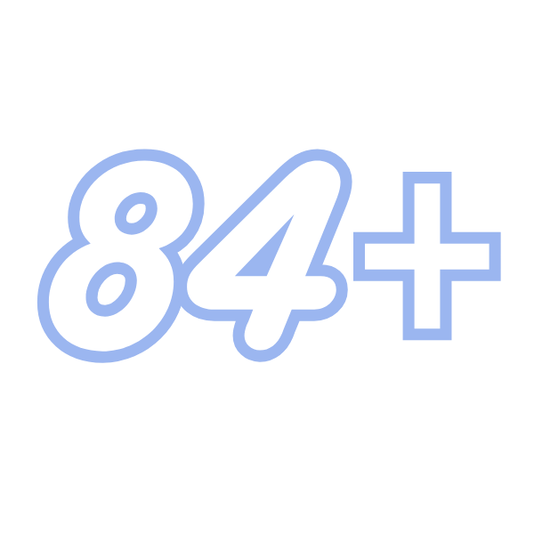 Graphic showing the number 84+ in large white text with a light blue border.