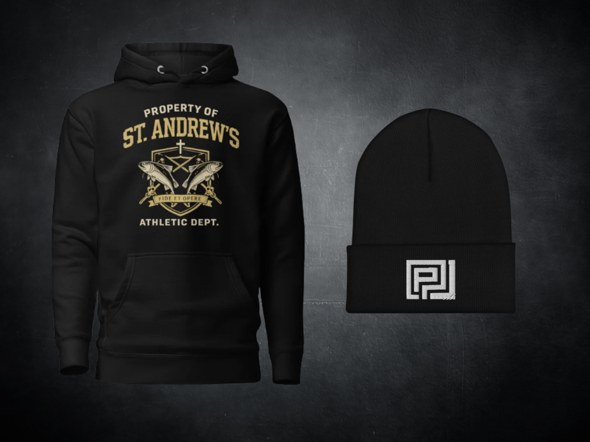 A photo of a St. Andrews Hoodie and PJ Reaper Logoed Black Beanie