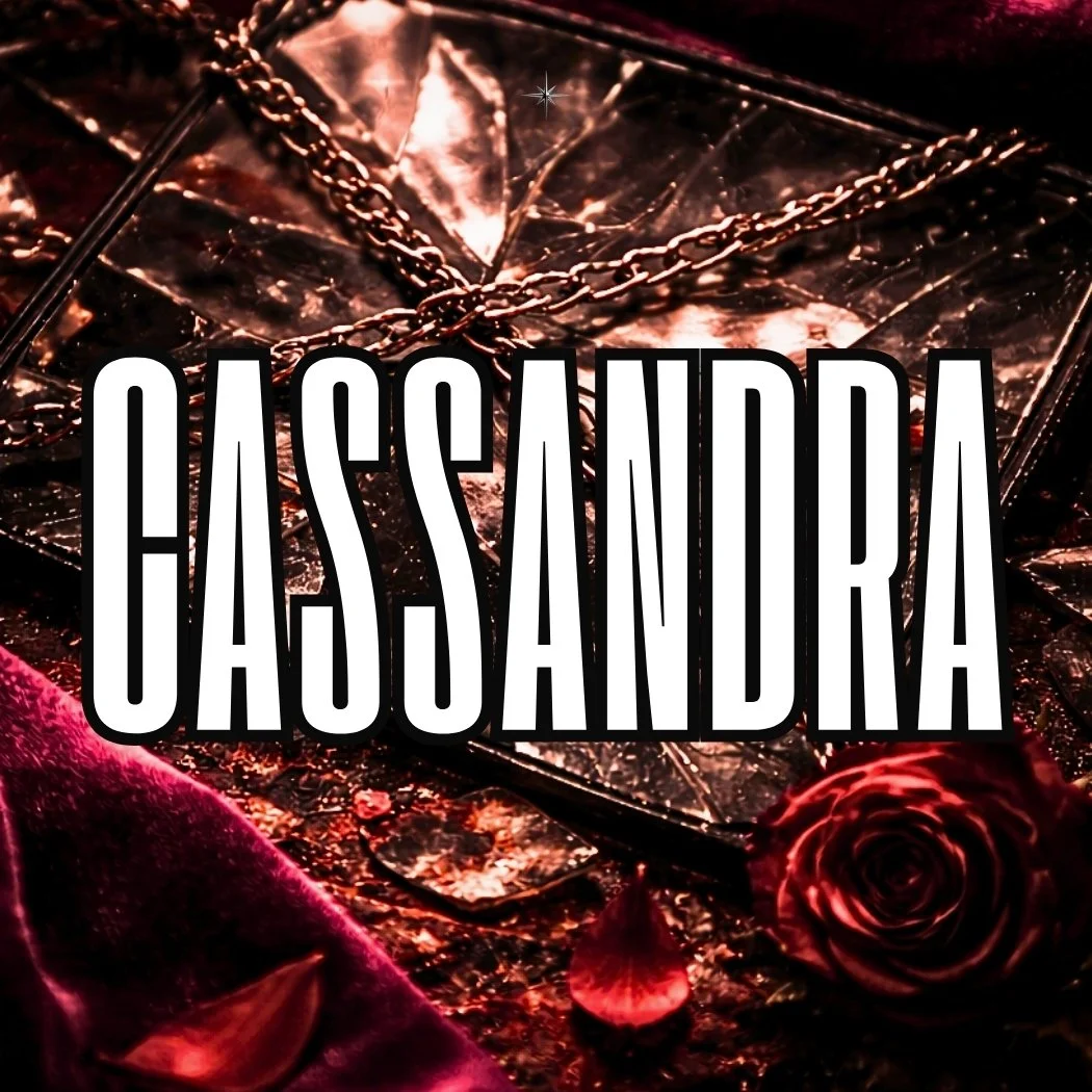 A chained journeal sits atop red velvet and a red rose rests as well. White thin letters spell cassadra in the middle