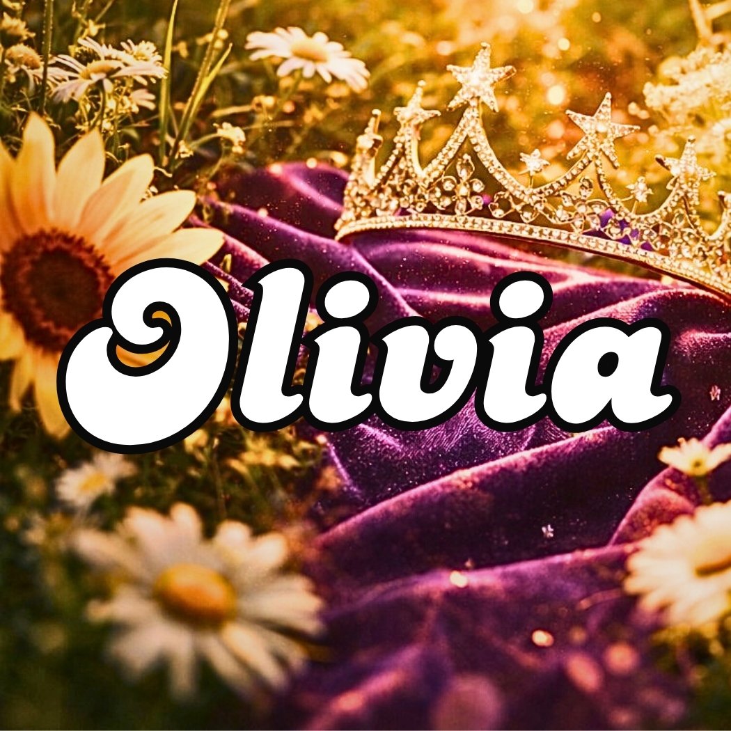 Photo of a daisy field with a purple sash running through it and white Olivia letters on top in a vintage retro font
