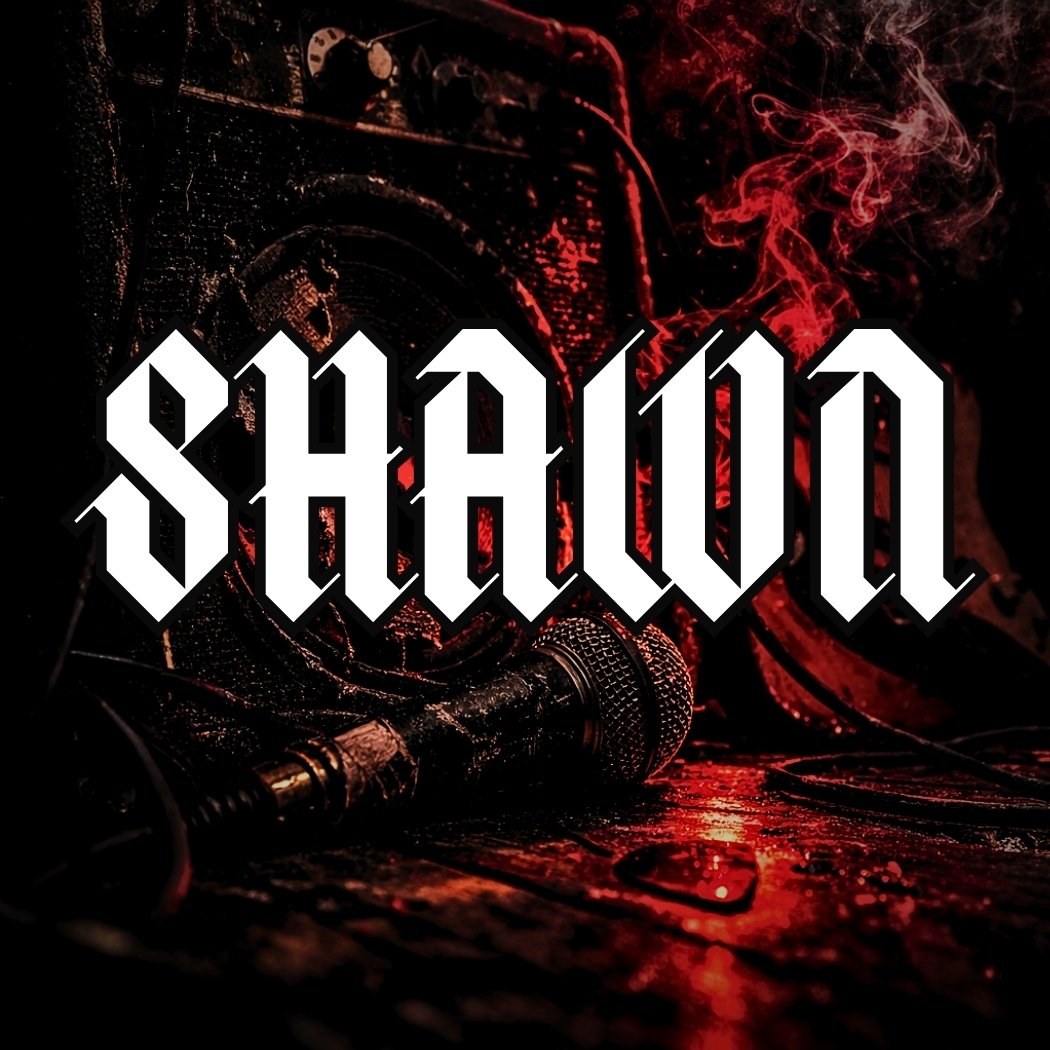 Red lit, heavy metal speaker and microphone with Shawn written in rock lettering on top