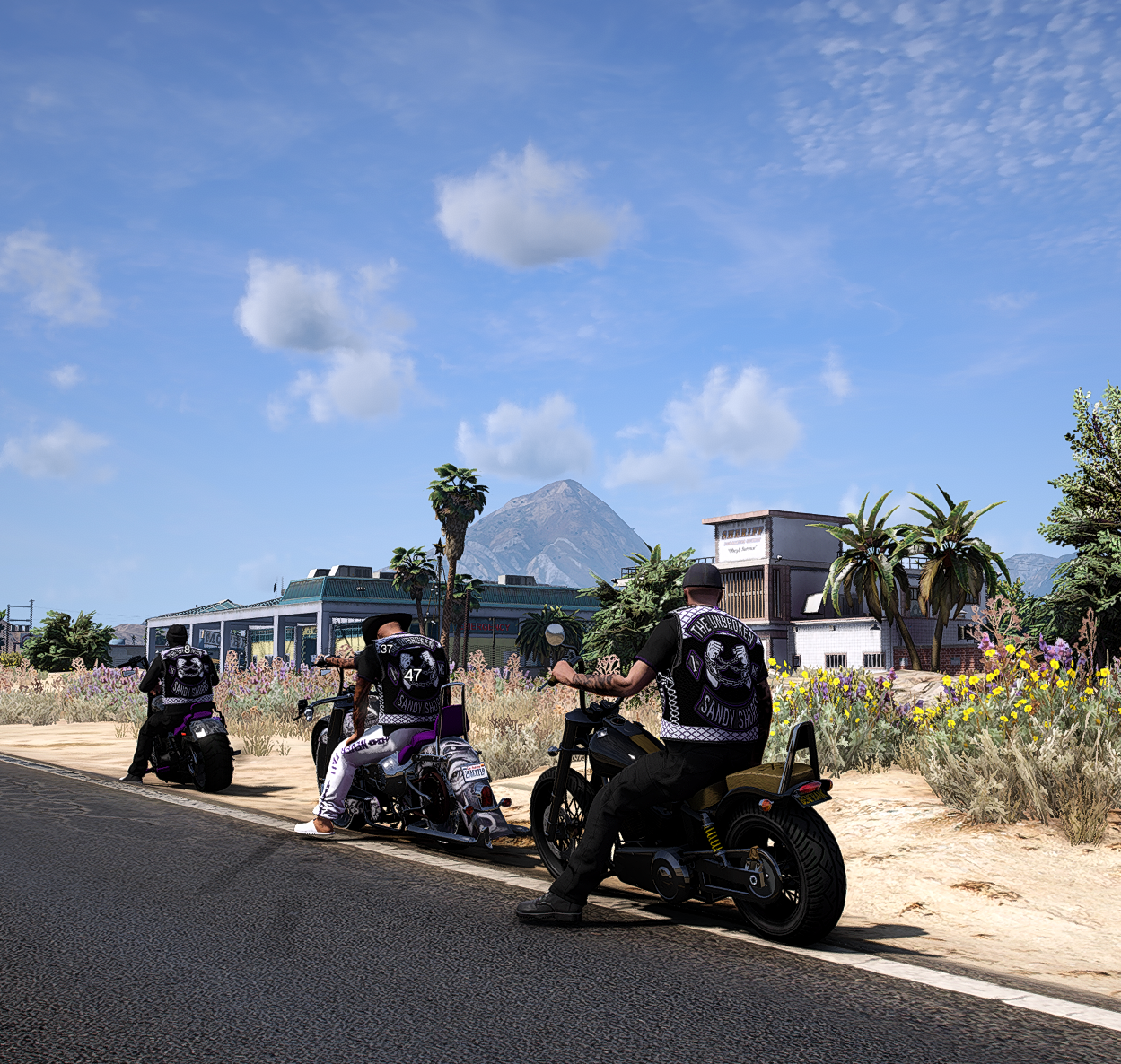 Three bikers in black patches on their vests sitting on motorcycles by a roadside in a desert landscape with mountains, palm trees, and a building in the background under a blue sky with clouds.