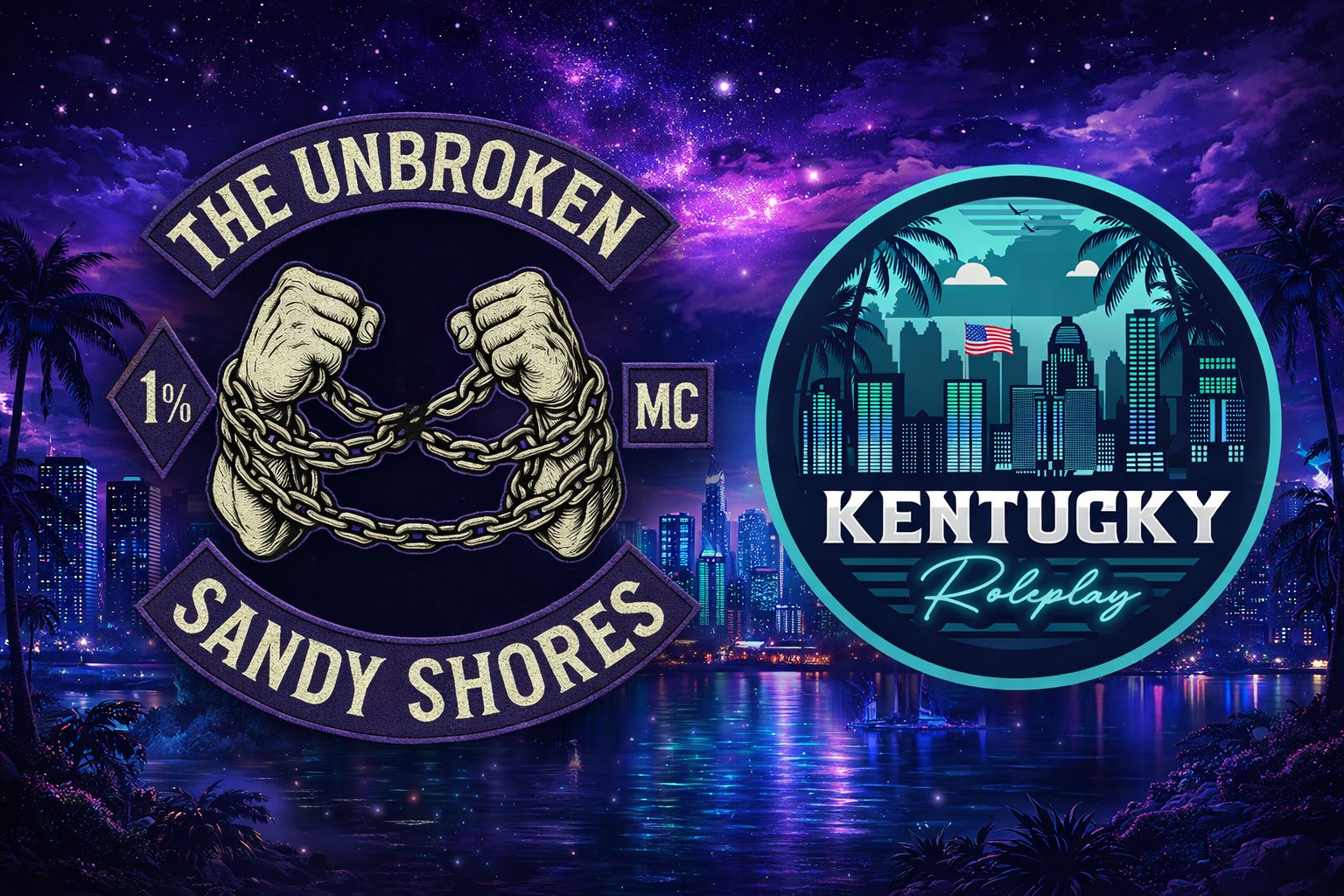 A vibrant digital artwork featuring a side-by-side collage of two designs. On the left, a logo with the words 'The Unbroken Sandy Shores' surrounds an illustration of broken chains held by two fists, with '1%' and 'MC' text elements. The background shows a night city skyline over water with palm trees, purple clouds, and a starry sky. On the right, a circular emblem depicts a cityscape with tall buildings, palm trees, and an American flag, with the words 'Kentucky Roleplay' in stylized text, all set against a twilight sky.