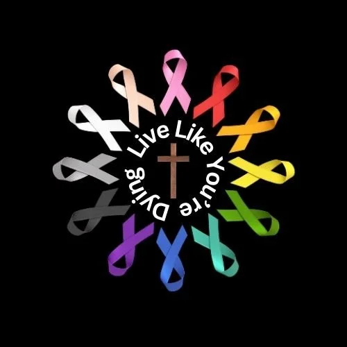 Colorful awareness ribbons arranged in a circle around a cross, with the phrase "Live Like You Mean It" written in a semi-circle.