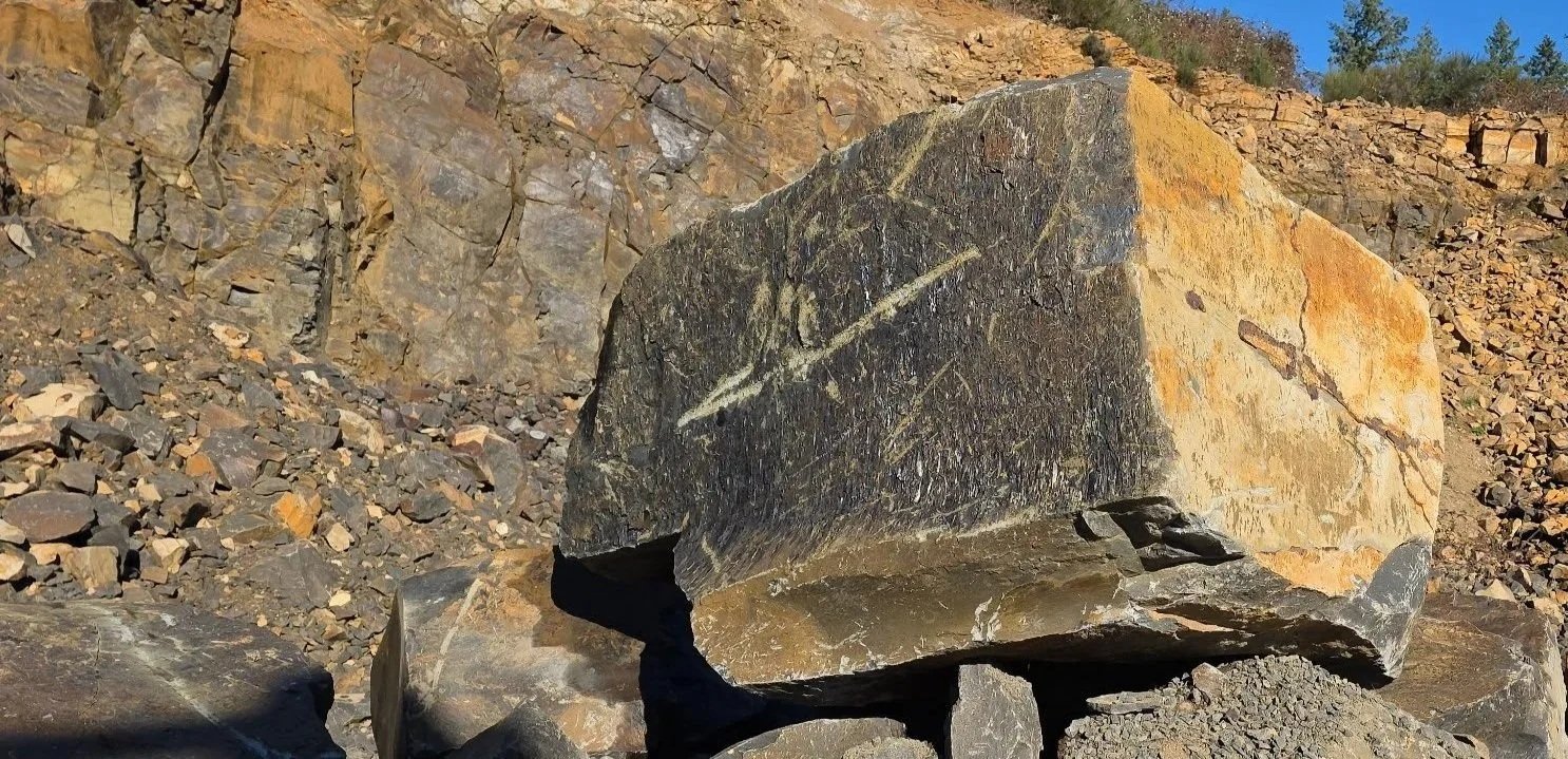 A large black boulder with a white mineral vein running diagonally across it, situated on a rocky slope with smaller rocks and a cliff behind it.