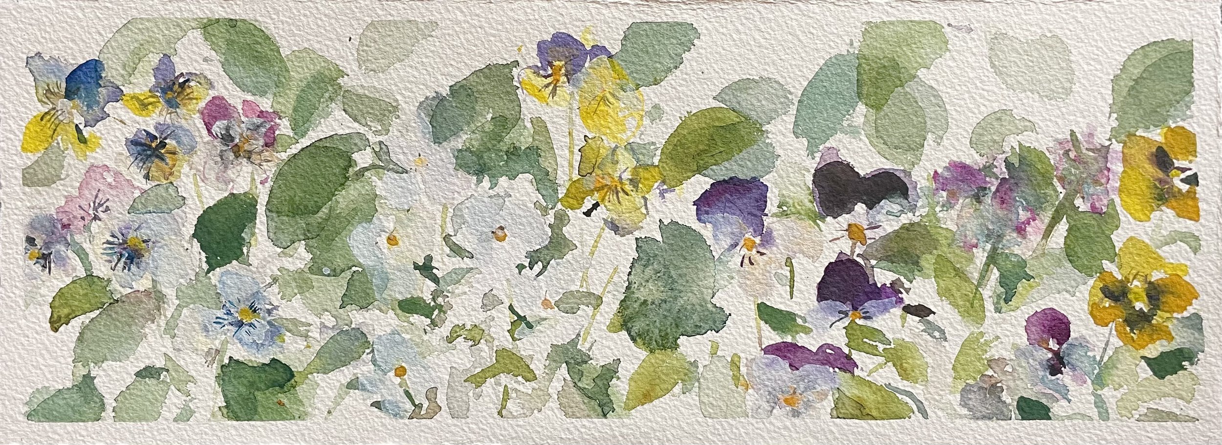 Watercolor painting of various colorful wildflowers and green leaves on textured paper.