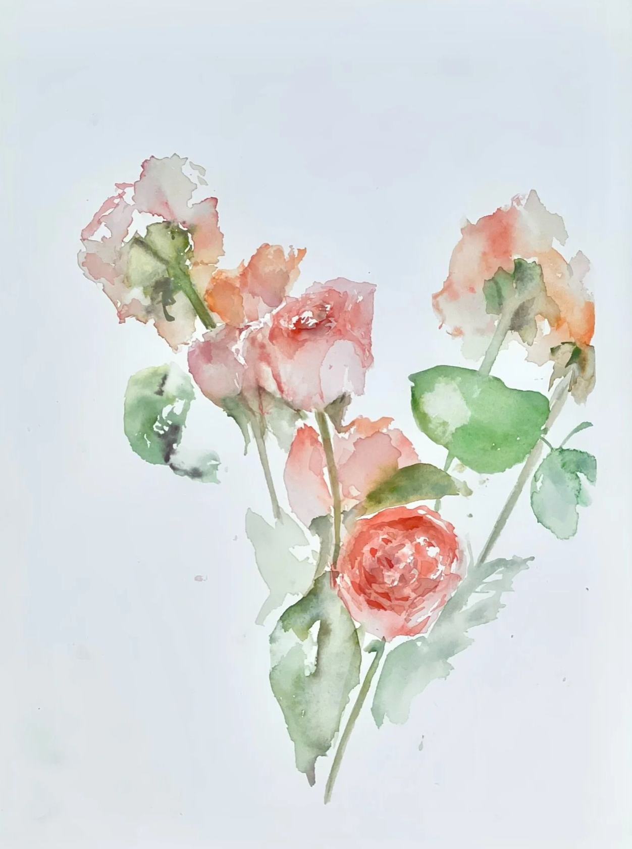 Watercolor painting of pink roses and green leaves on a light background.