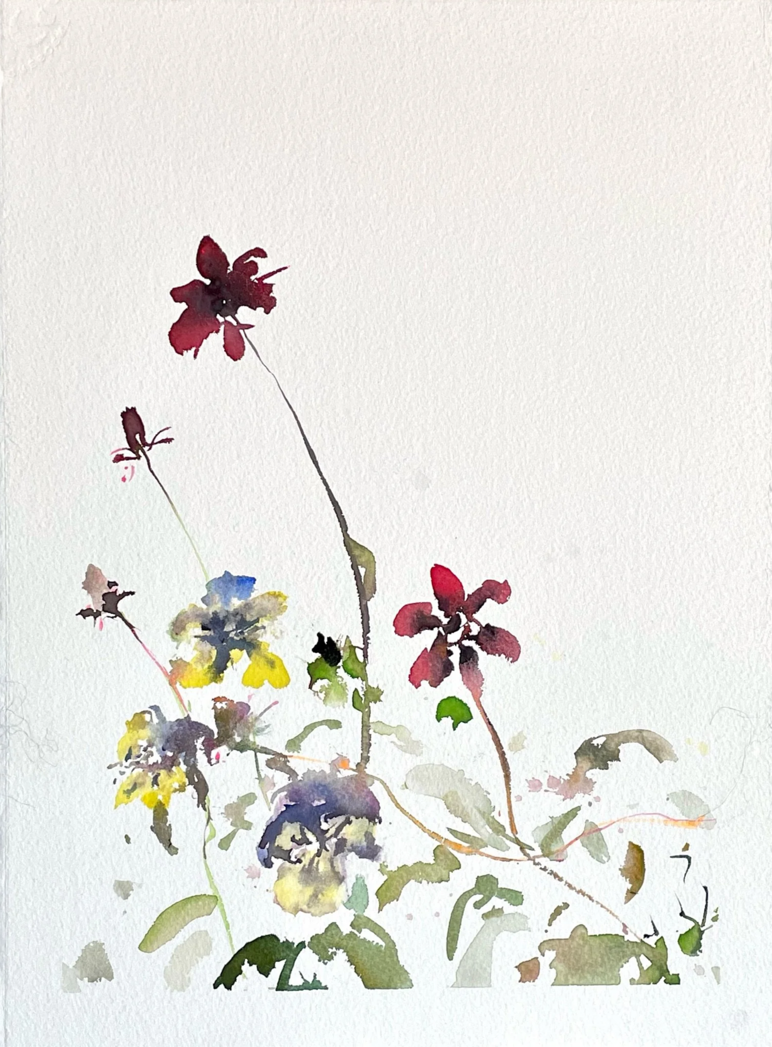 Watercolor painting of colorful wildflowers with red, yellow, blue, purple, and green hues on a light background.