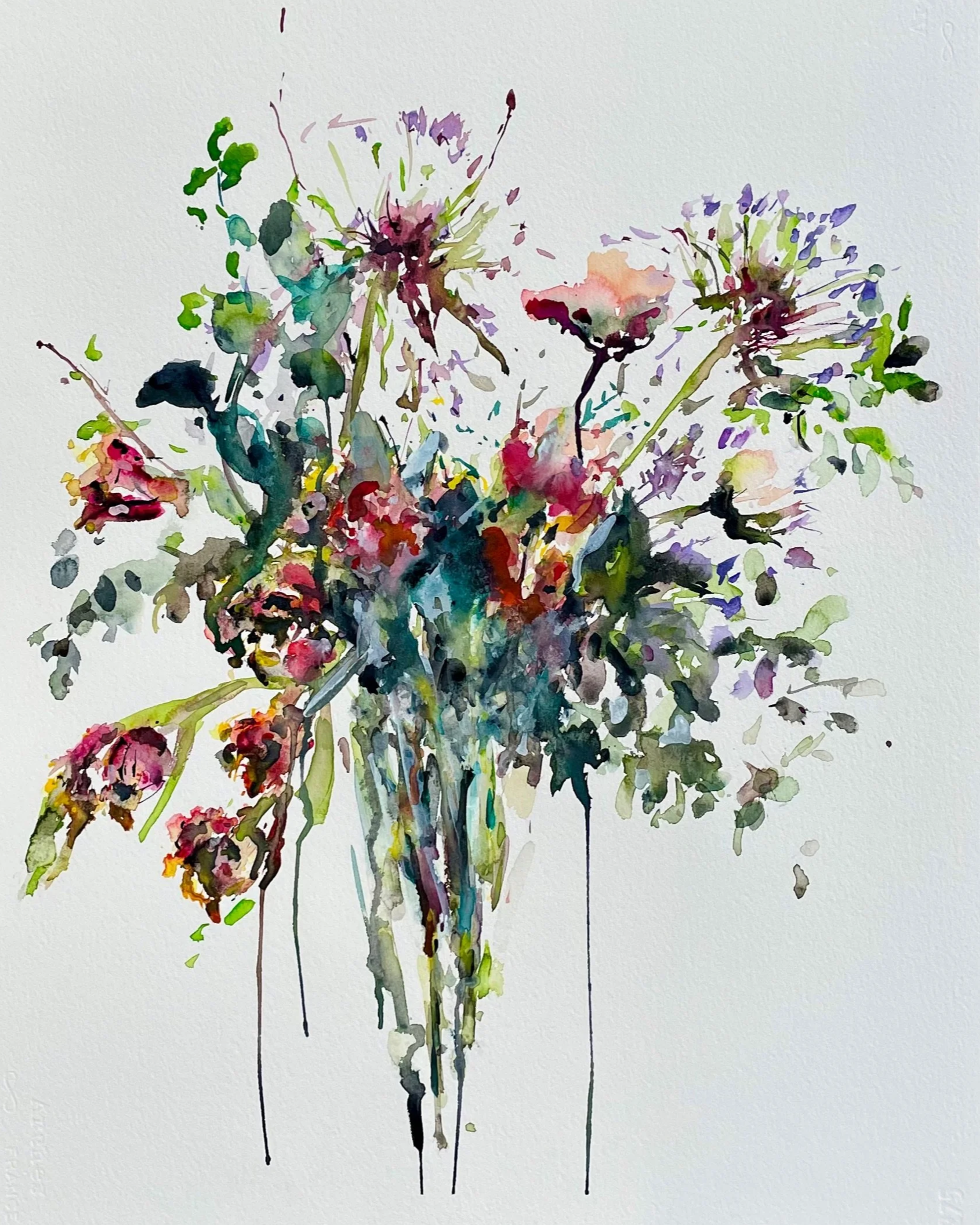 Watercolor painting of a bouquet of assorted flowers in a vase, with vibrant colors and abstract style.