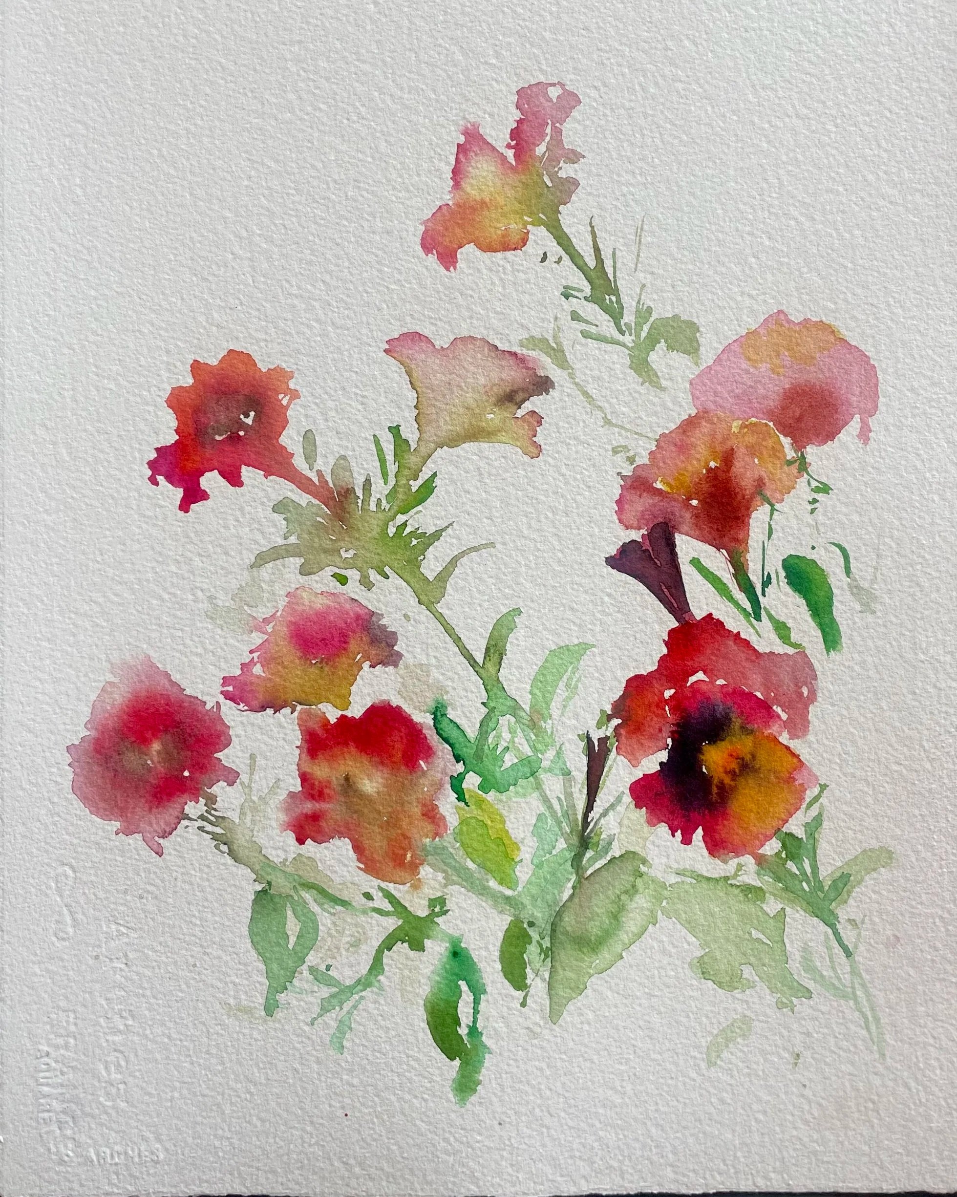 Watercolor painting of a cluster of red, pink, and yellow flowers with green stems and leaves on textured white paper.
