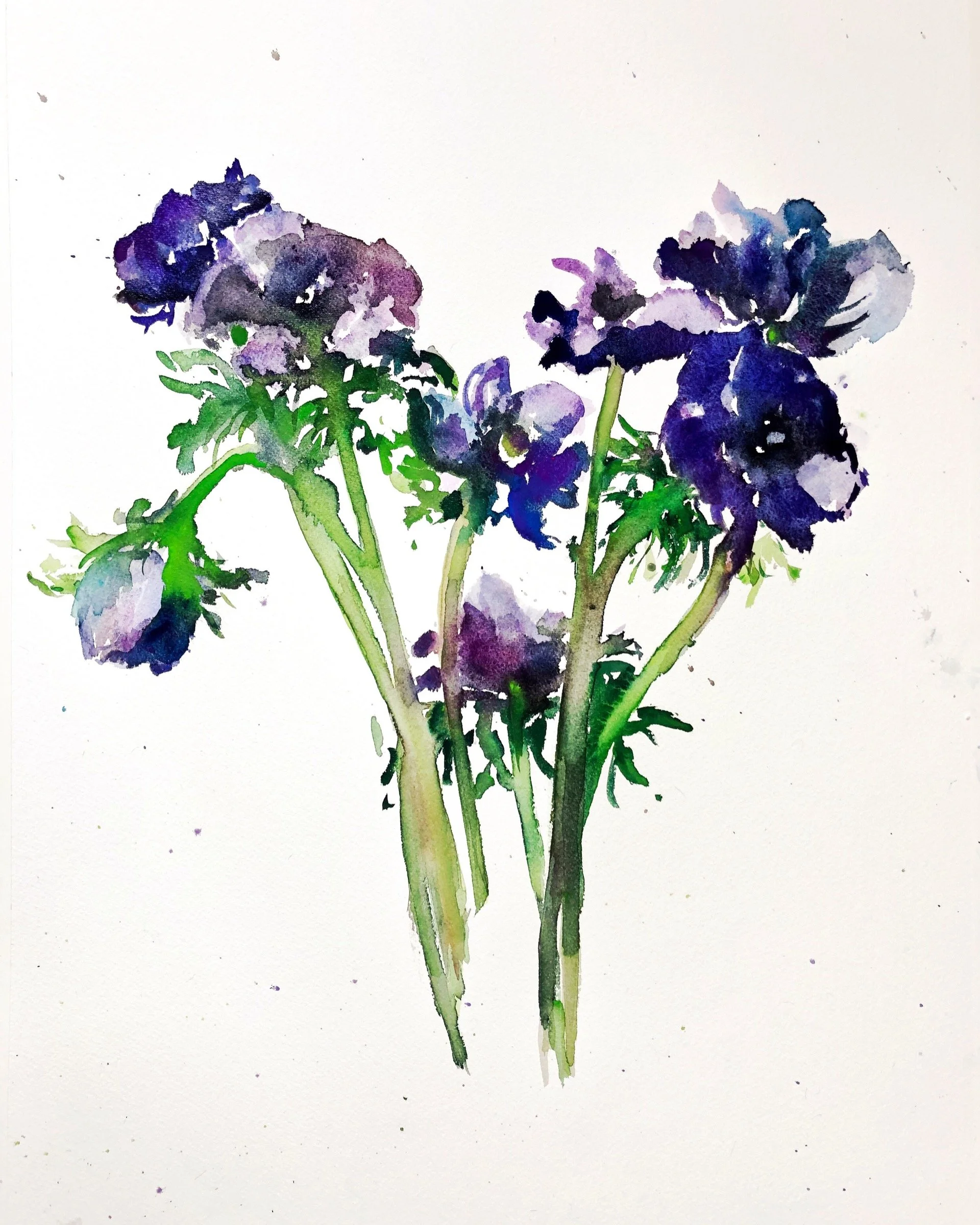 Watercolor painting of purple and blue flowers with green stems and leaves.