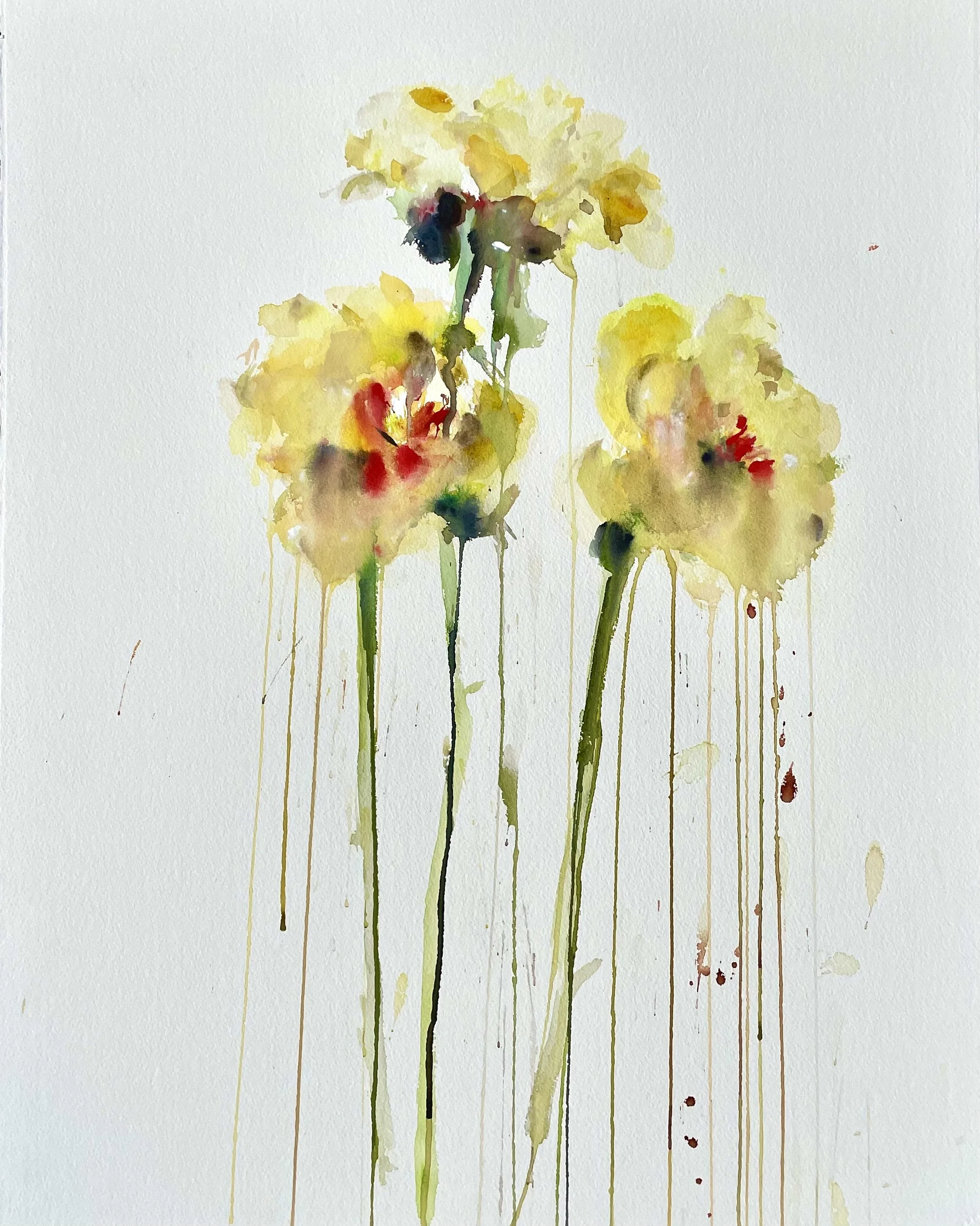 Watercolor painting of yellow flowers with green stems, featuring abstract dripping paint effects on a plain white background.