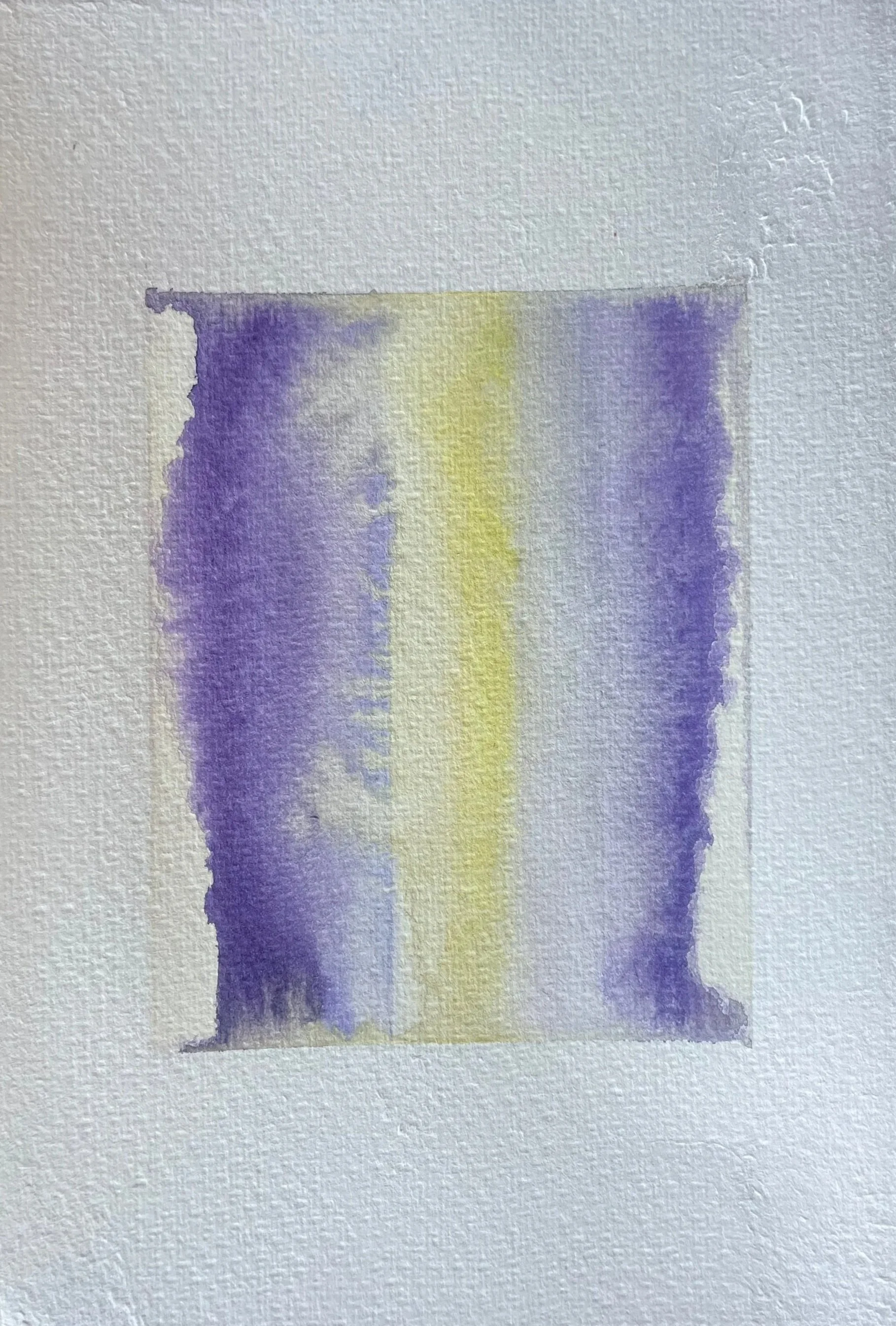 Watercolor painting with purple and yellow vertical stripes on textured paper