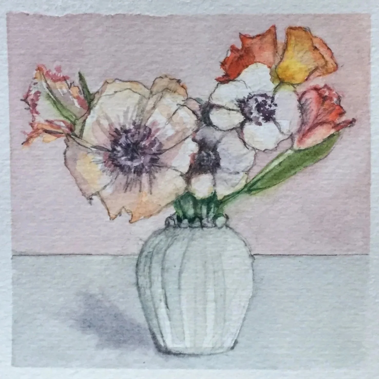 A watercolor painting of a white vase with a floral arrangement of colorful flowers, including pink, yellow, orange, and white blossoms, set against a light pink and gray background.