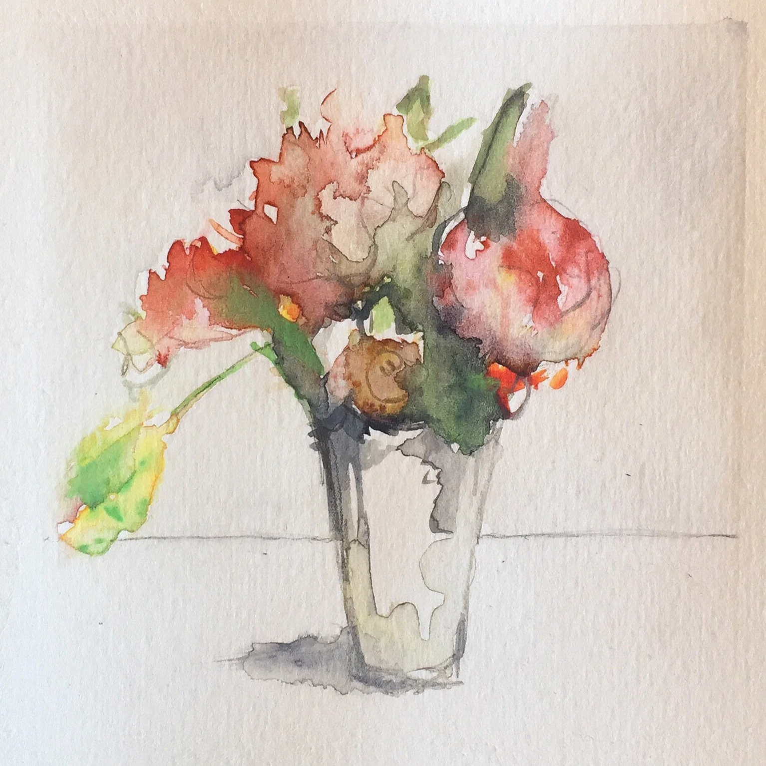 Watercolor painting of a flower in a glass vase, with pink, red, yellow, and green hues.