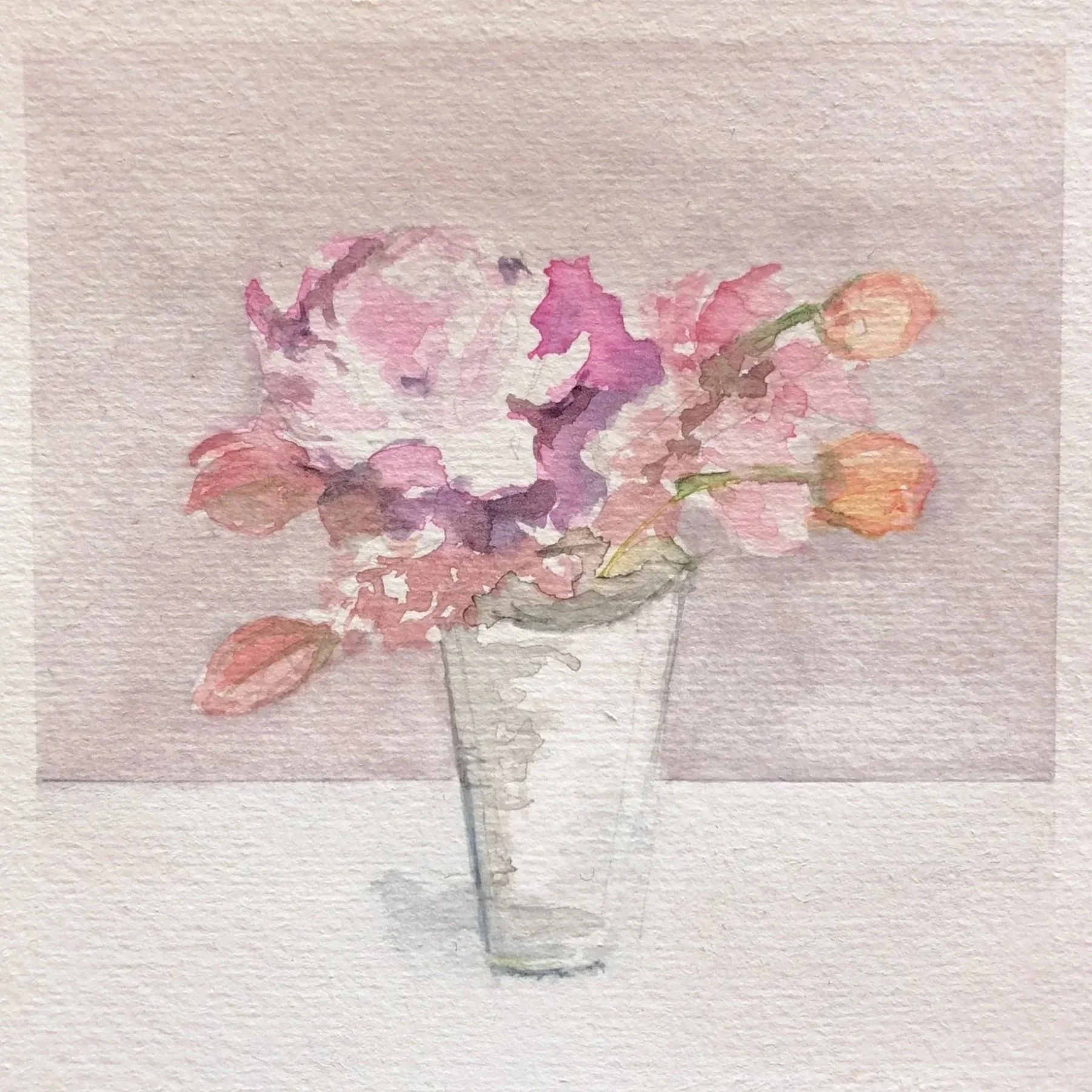 Watercolor painting of pink and purple flowers in a clear glass vase.
