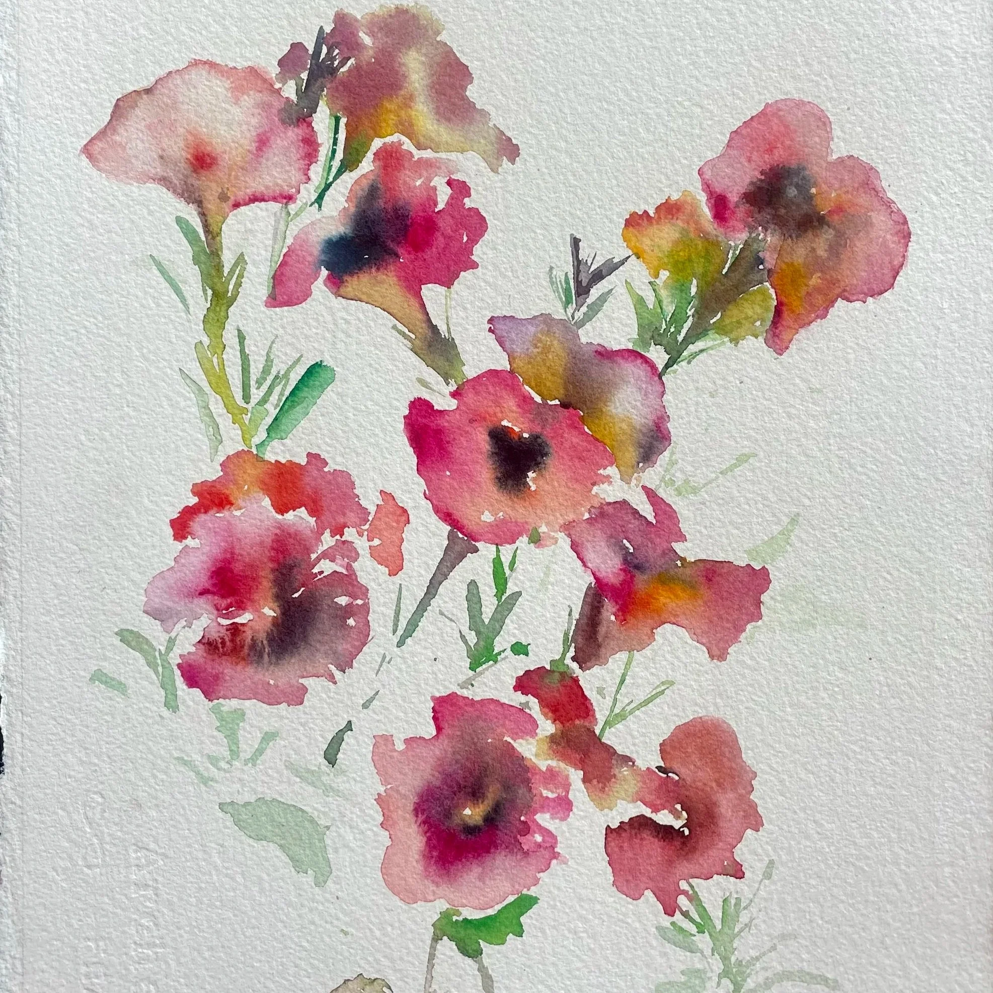 Watercolor painting of a bouquet of pink and red flowers with green leaves on a white textured background.