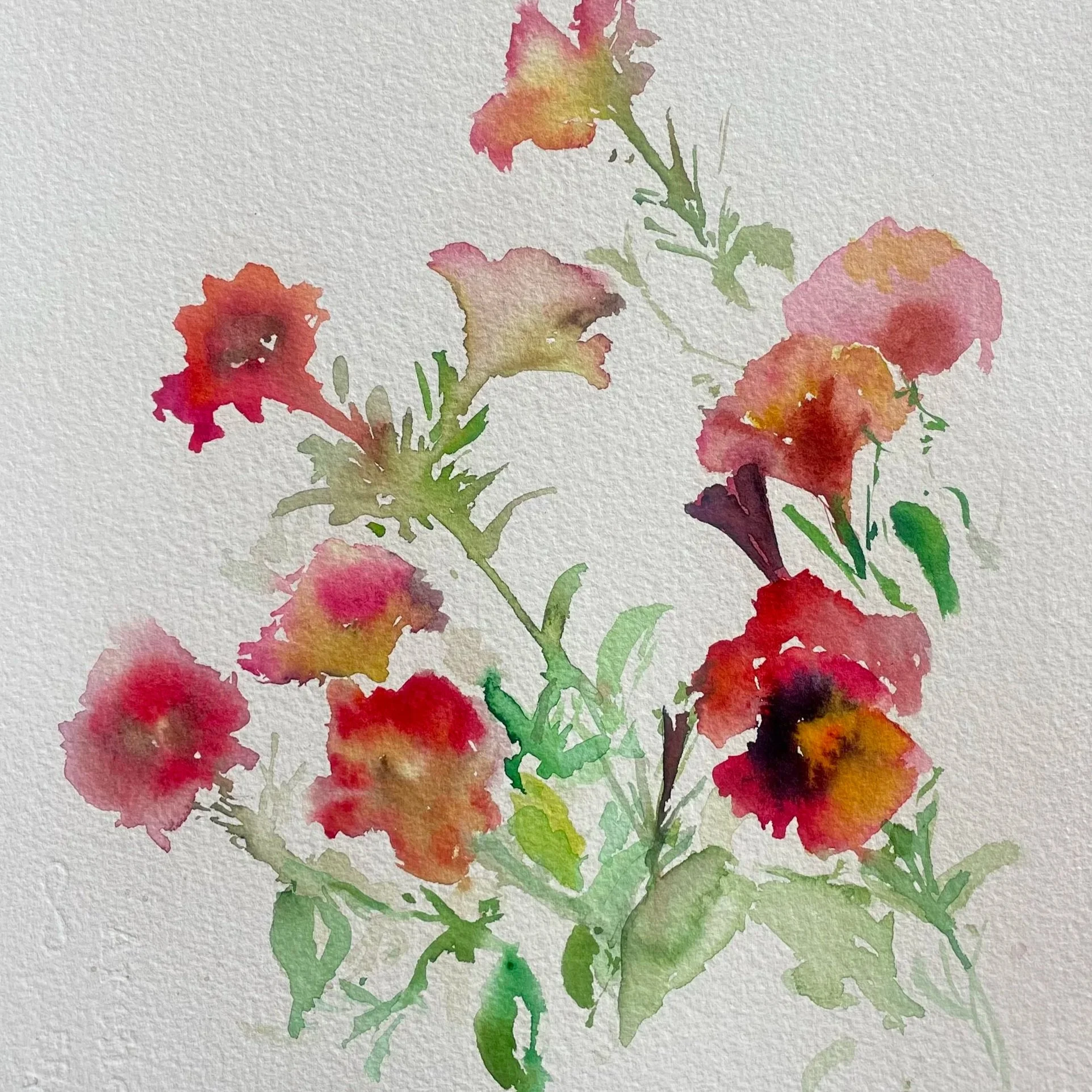 Watercolor painting of a bouquet of red, pink, and yellow flowers with green leaves.