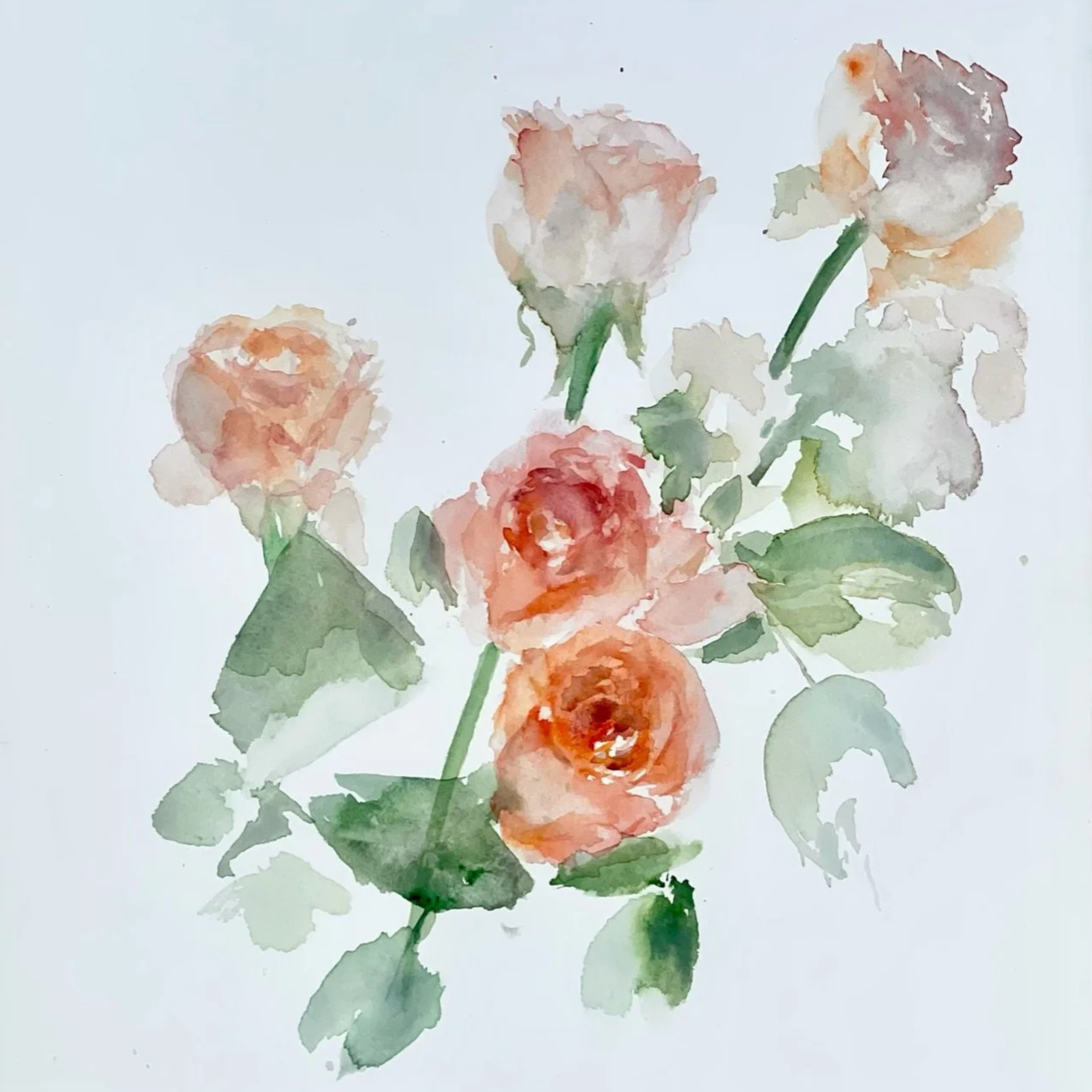 Watercolor painting of peach-colored roses with green leaves on a white background.
